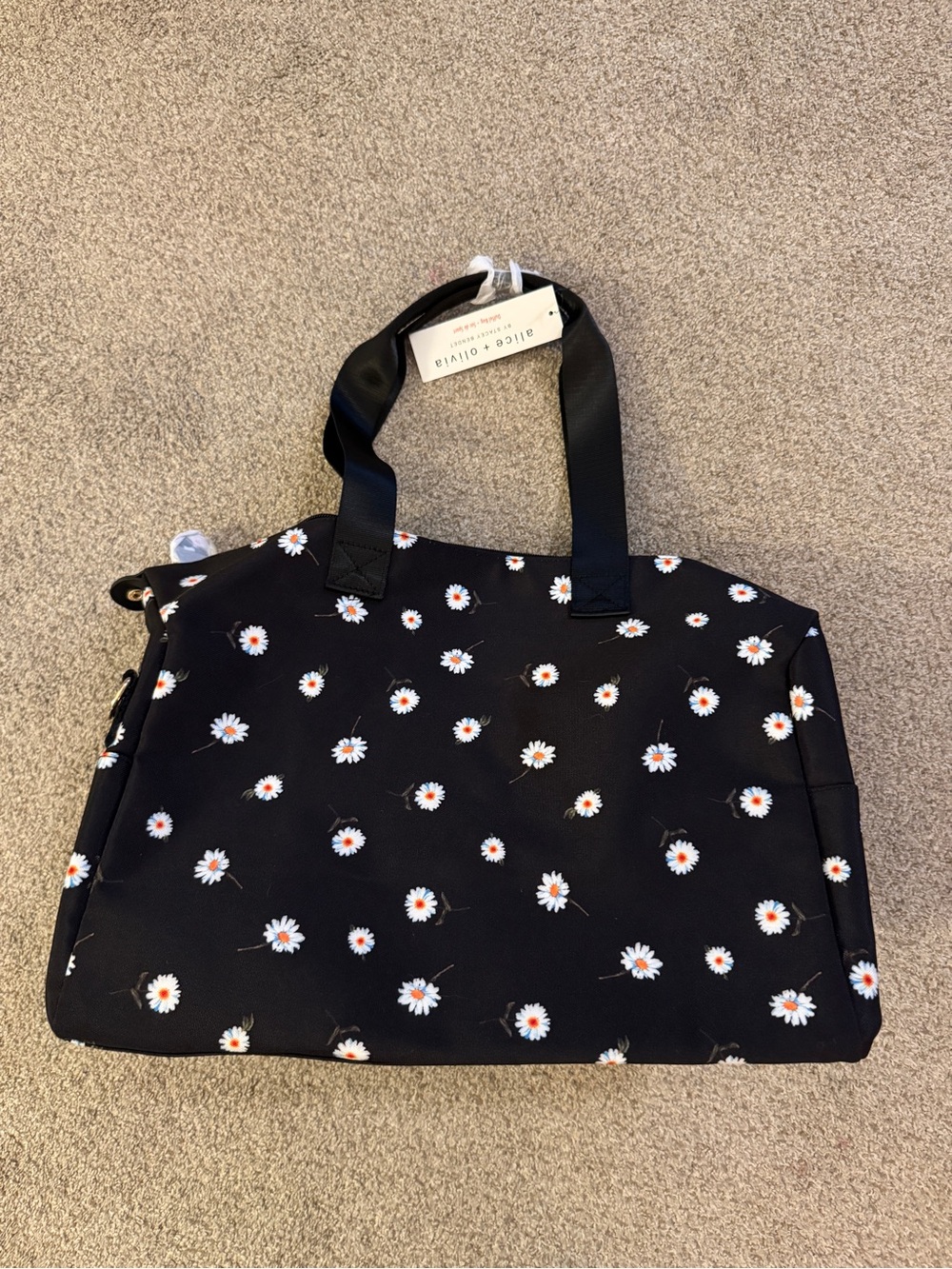 Alice + Olivia Black Daisy Floral Large Duffel Weekender Bag New Gym